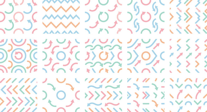 Memphis Style Seamless Pattern Set with Abstract Geometric Shapes, Curved Lines, Arrows and Retro Color Elements for Backgrounds, Textiles, and Trendy Design