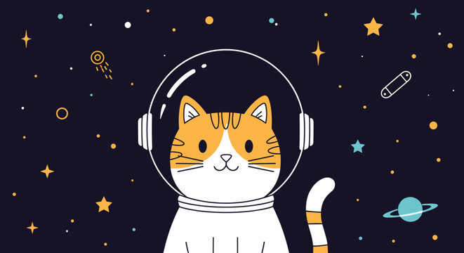 Adorable orange and white tabby cat wearing an astronaut helmet floating in outer space surrounded by stars, planets, and constellations.