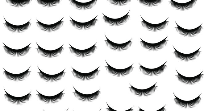Repeating pattern featuring various styles of long black eyelashes in a decorative and artistic composition for beauty and fashion themes.