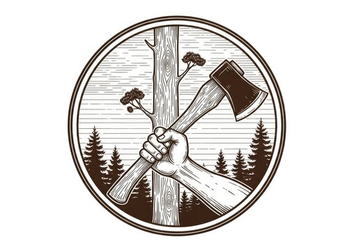 Vintage lumberjack emblem with hand holding axe and pine trees