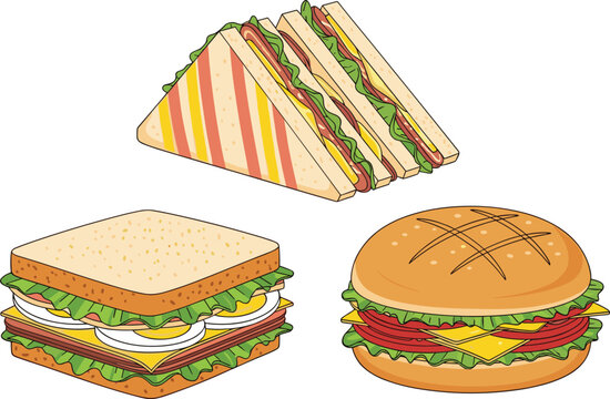 Fresh Deli Sandwich and Burger Illustration Set Featuring Club Sandwich, Ham and Egg Toast, and Cheeseburger for Fast Food Menus, Cafe Branding, and Lunch Special GraphicsFresh Deli Sandwich and Burge