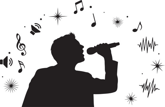 Man singing into microphone surrounded by music symbols
