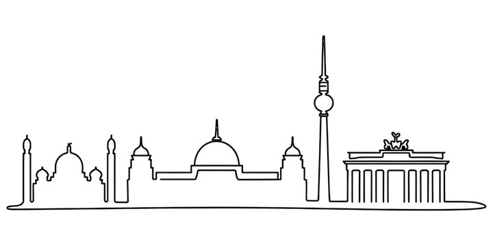 Berlin city skyline outline drawing with brandenburg gate and tv tower as a simple black line art illustration for travel design Vector, illustration