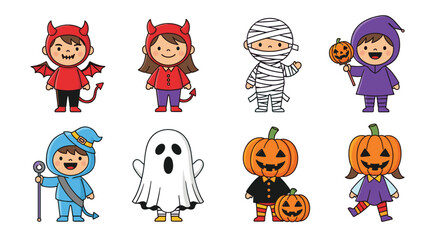 Fototapeta premium Collection of cute children dressed in diverse Halloween costumes including devil mummy witch ghost and pumpkin characters.