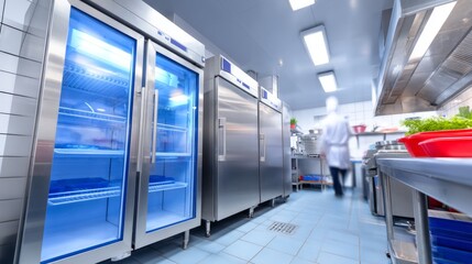 Obraz premium Large Commercial Kitchen Prep Area with Stainless Steel Refrigerator Units