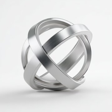 Abstract 3D interlocking brushed metal rings forming a sphere isolated on white background