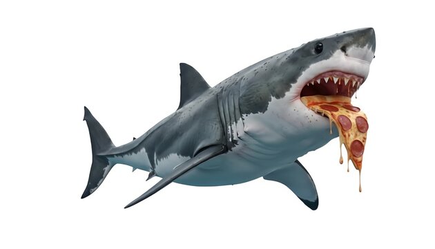 A shark with an open mouth eating a slice of melted cheesy pizza on a white background with sharp teeth