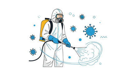 Fototapeta premium sanitation worker wearing a white protective hazmat suit and mask uses a sprayer to eliminate floating blue virus particles.