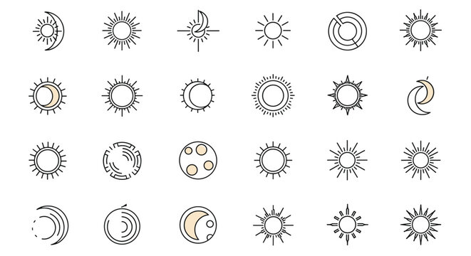 large collection of minimalist sun and moon icons provides a variety of celestial designs in clean line art and soft pastel colors.