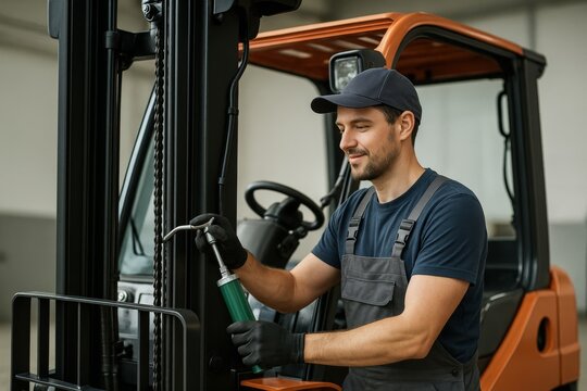Male mechanic smiling while greasing forklift chain during maintenance inside warehouse with soft light and industrial background. Ai generative. Ai generative