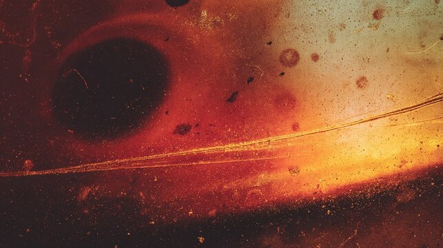 Close up abstract textured artwork with vintage aesthetic, warm red brown and golden yellow tones, soft diffused light, film grain, dust particles and fine scratches, blurry organic forms