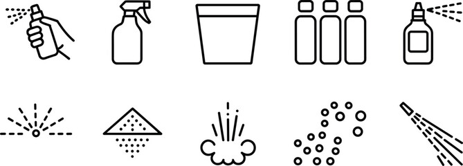 Naklejka premium Minimalist black line icon set for spray bottles, cleaning products, aerosol cans, water mist, garden sprinklers, liquid splashing, and irrigation systems for sanitation and agriculture.
