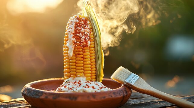 Grilled elote Mexican street corn with creamy white sauce, red chili powder and cotija cheese in rustic clay bowl with basting brush at golden hour