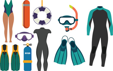 Scuba diving and water safety equipment collection, professional snorkeling gear set with wetsuits, oxygen tank, lifebuoy, and flippers flat vector illustration © Akramul