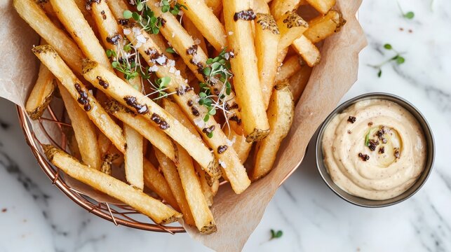 Gourmet truffle oil drizzled french fries with microgreens and sea salt in copper wire basket served with creamy aioli dip at premium restaurant
