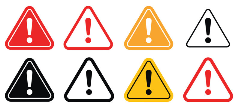 warning and danger icon set, triangle alert signs with exclamation mark symbols in red black yellow for safety and caution design.