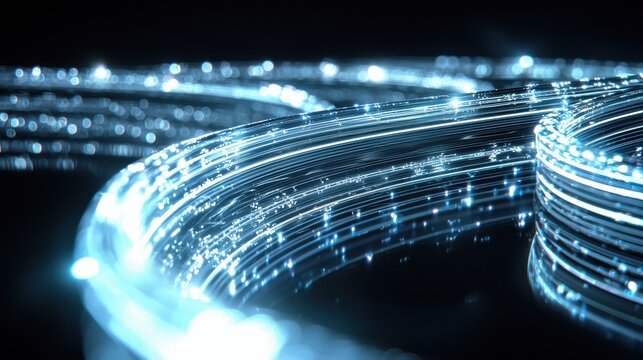 Fiber path detail close-up macro photography illuminated optical fibers bending flowing energy transmission light streaks through glass strands