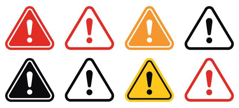 warning and danger icon set, triangle alert signs with exclamation mark symbols in red black yellow for safety and caution design.