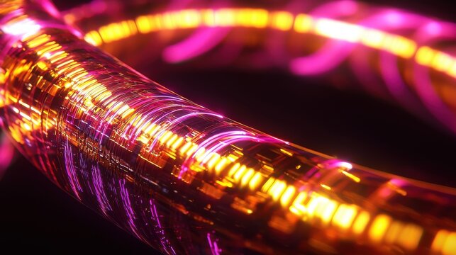 Glowing cable paths serpentine fiber optics luminous trails magenta yellow streams geometric patterns macro long exposure transparent medium bokeh background