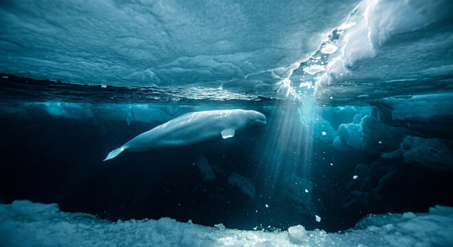 A cinematic underwater wide-shot of a Beluga Whale swimming just beneath a thick layer of blue-tinted pack ice. The whale&rsquo;s white body contrasts sharply with the dark, sapphire depths below. 