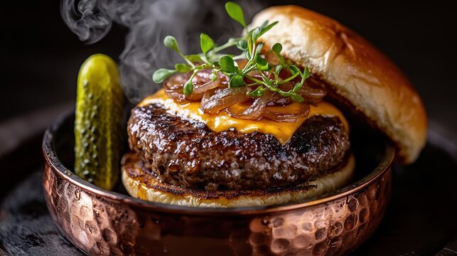 Premium gourmet burger with caramelized onions and melted cheese served in elegant copper dish with microgreens and pickle garnish on dark background
