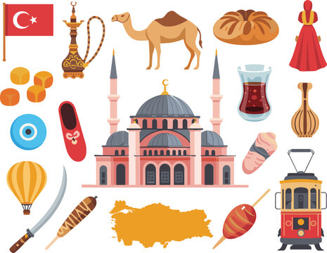 Turkey travel and culture icons set, traditional Turkish symbols with mosque, national flag, food, and landmark elements flat vector illustration