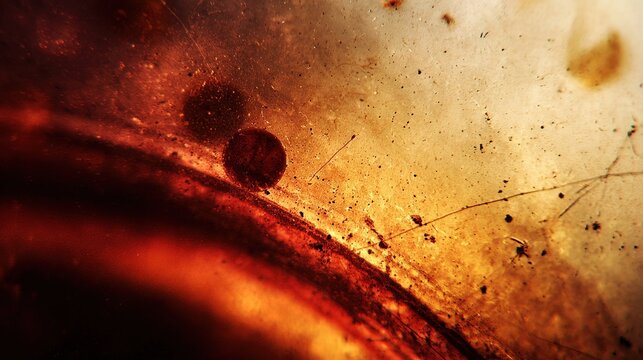 Close up abstract textured artwork with vintage aesthetic, warm red brown and golden yellow tones, soft diffused light, film grain, dust particles and fine scratches, blurry organic forms