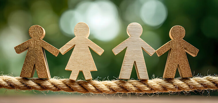 Four wooden cutout people holding hands on a rope symbolizing unity and teamwork in a natural setting with soft focus background and warm lighting