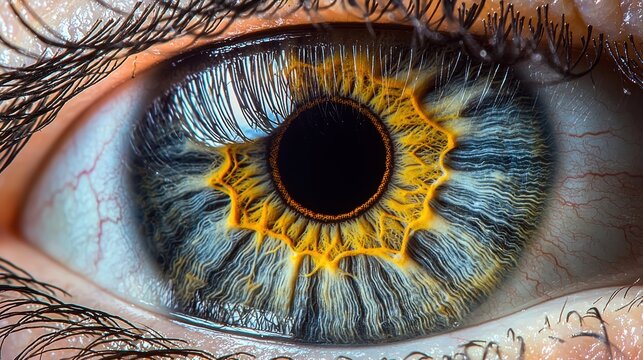 Pupil constriction rate medical macro human eye iris muscle detail corneal texture contracted pupil eyelash patterns tear film clinical lighting