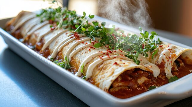 Enchiladas suizas with white cream sauce and fresh microgreens garnish in rectangular white ceramic baking dish premium restaurant presentation
