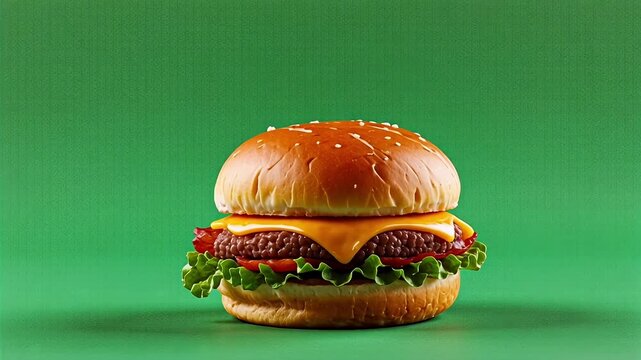 flying gourmet burger with fresh toppings on vibrant green background