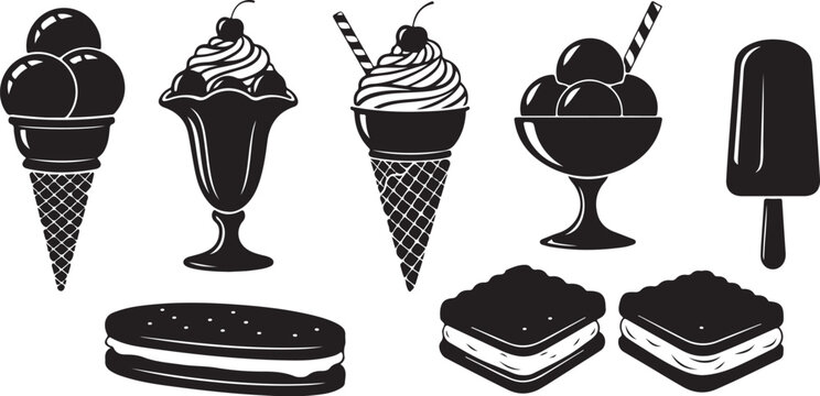 Black and white of various ice cream treats and sandwiches