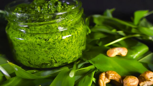 Homemade Wild Garlic Pesto Rotating in a Jar, Bokeh Background