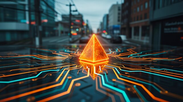 Futuristic digital pyramid on city street with glowing circuit network technology concept