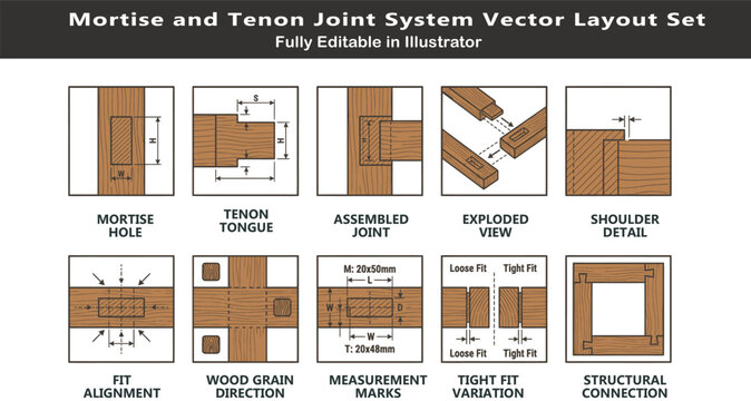 Mortise and tenon vector icons set, top view woodworking layout symbols, mortise hole, tenon tongue, alignment, structural fit CAD design