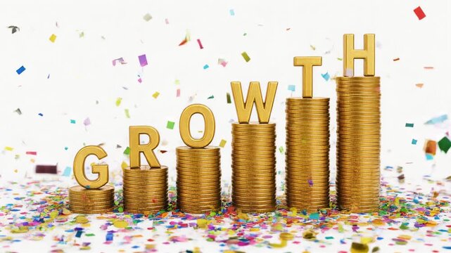 Stacks of gold coins with letters spelling growth surrounded by colorful confetti celebrating financial success and business progress