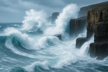 Fototapeta premium Powerful ocean waves crashing against tall rocky cliffs under moody sky with misty spray and turbulent water in dramatic coastal scenery. Ai generative