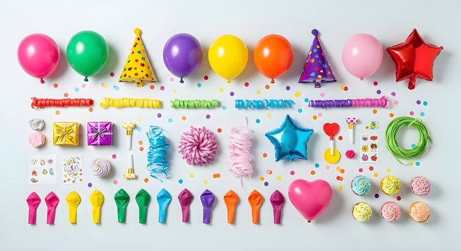 Colorful party supplies collection with balloons, birthday hats, gift boxes, and confetti on a white background.
