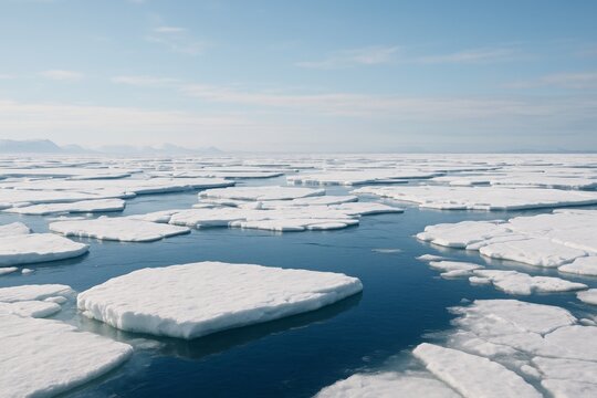 Melting sea ice floes floating on calm Arctic Ocean under clear blue sky in daylight, symbolizing climate change and fragile polar nature environment. Ai generative