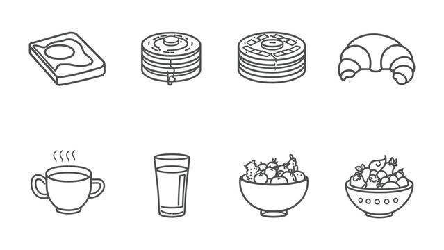 Assorted Breakfast Delights: A harmonious collection of breakfast staples - toast with egg, stack of pancakes, croissant, cup, glass of water, and two bowls of fruits - are rendered in the simple.