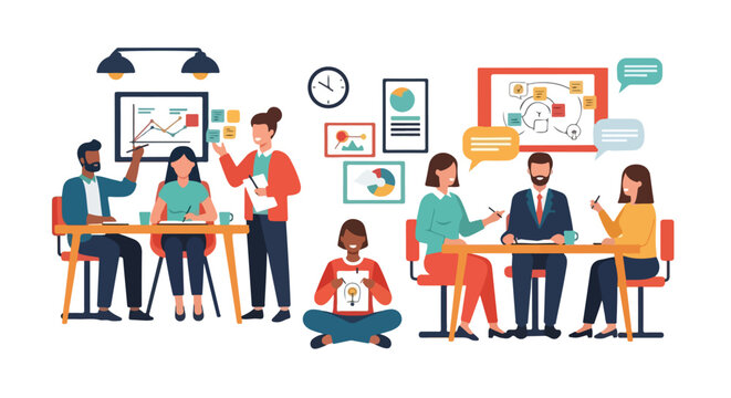 Diverse team of professionals collaborating in a dynamic office space using charts, whiteboards, and sticky notes for strategic brainstorming.