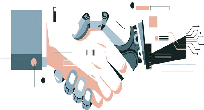 Professional corporate flat design human and robot AI handshake vector illustration