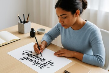 Obraz premium Woman practicing modern calligraphy with motivational quote on paper at a wooden desk in a bright creative workspace with soft natural light. Ai generative