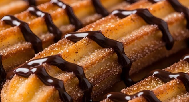 Close-up of crispy churros with cinnamon sugar and drizzled chocolate sauce. 