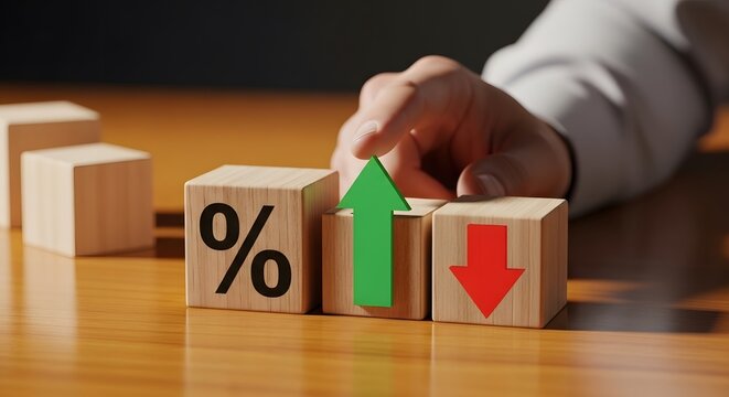 Financial decision and interest rate change concept, wooden blocks showing percentage symbol with green upward and red downward arrows