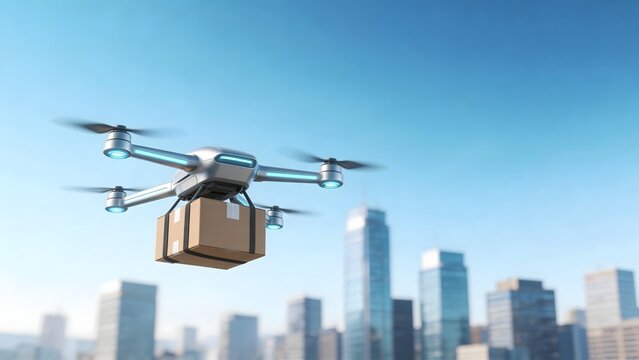 Drone delivering package in city