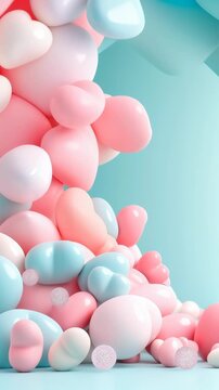 Pastel heart balloons border on blue background
