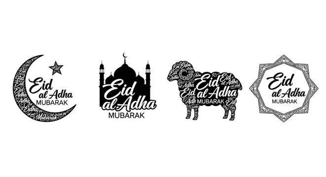 Eid al-Adha Mubarak Vector Design Elements Set with Crescent Moon, Mosque, Sheep, and Geometric Star Greetings