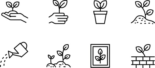 Plant Growth and Gardening Outline Icon Set with Seedling Care Watering Pot Soil Planting and Nature Cultivation Vector Design © Md