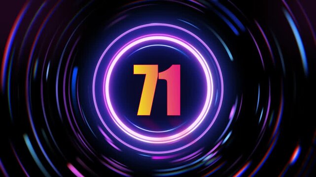 Neon number 71 glowing purple circles animation